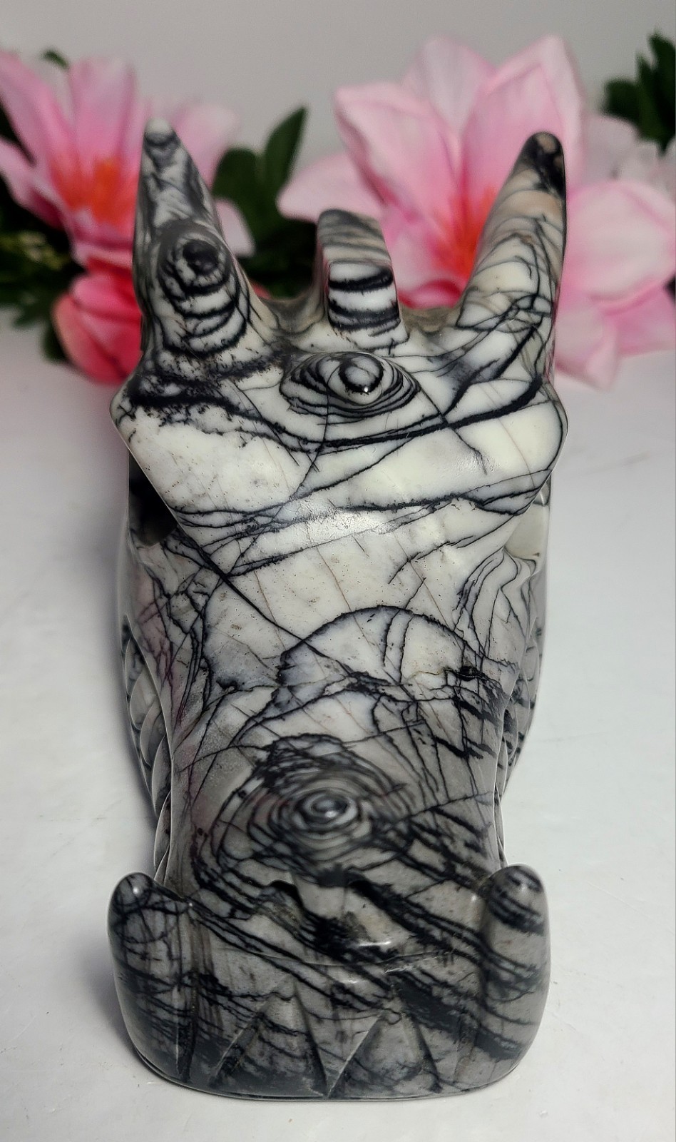 6″ 2.2 lb Elegant Picasso Jasper Dragon Head Skull Crystal Carving Stone Statue
