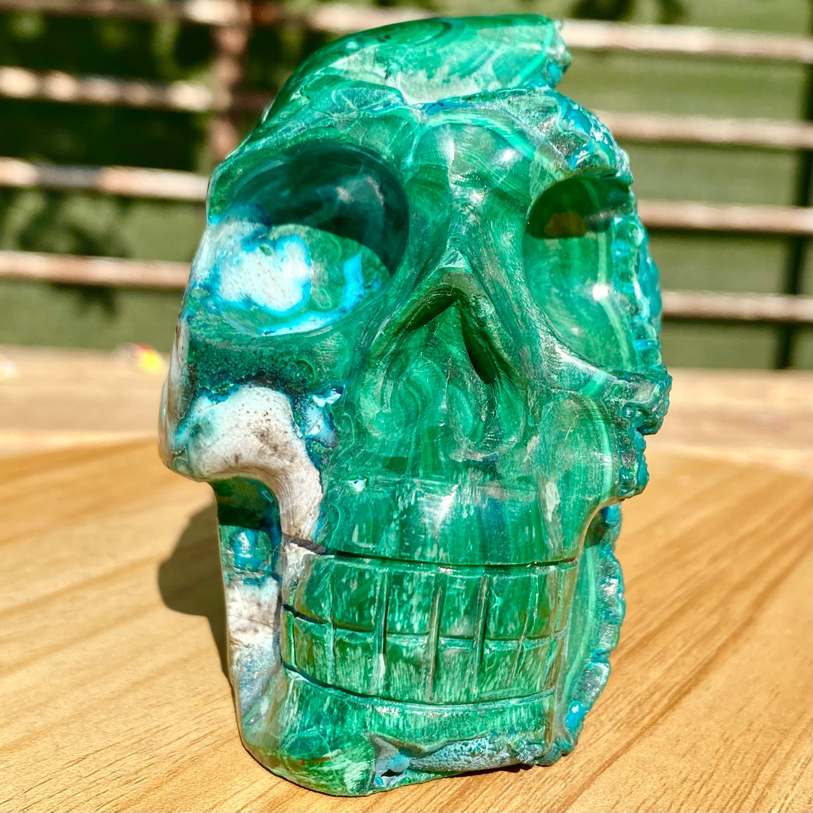 2.13LB Malachite Crystal Skull, Hand Carved Gemstone Fine Art Sculpture