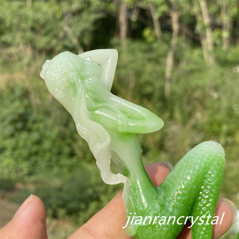 4″ Green Luminous Stone Quartz Hand Carved Mermaid Crystal Skull Reiki Healing