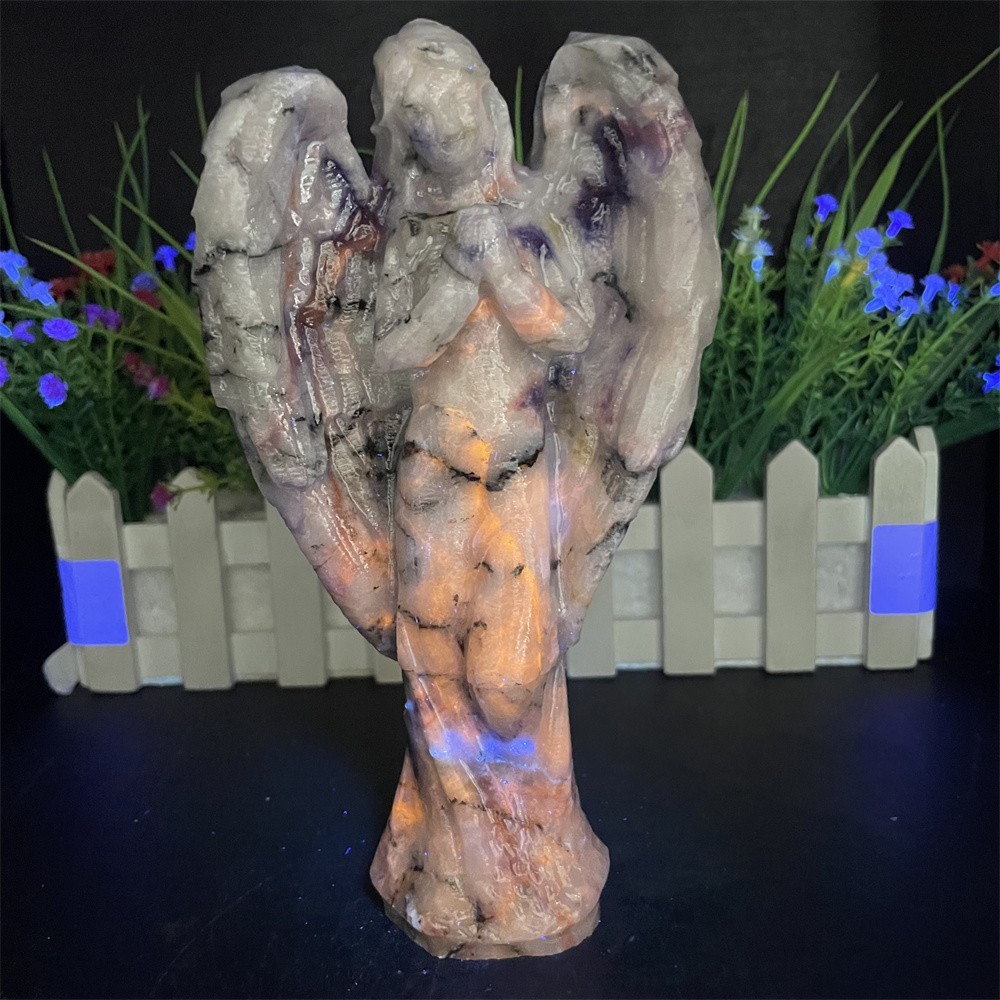 1.5LB 7.2″ Natural Sodalite And Quartz Angel Carving Crystal Quartz UV Reiki
