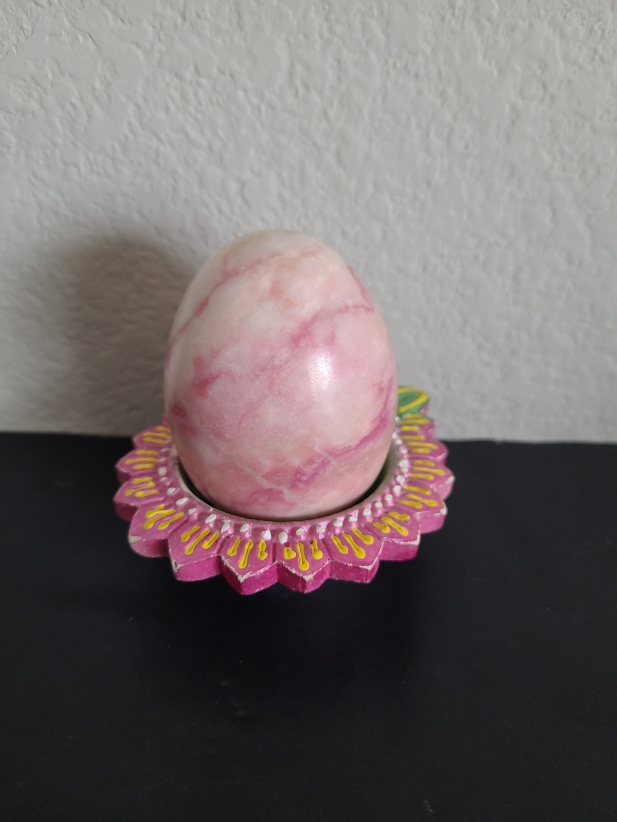 Vintage Polished Pink Stoned Quartz Egg & Ceramic Stand