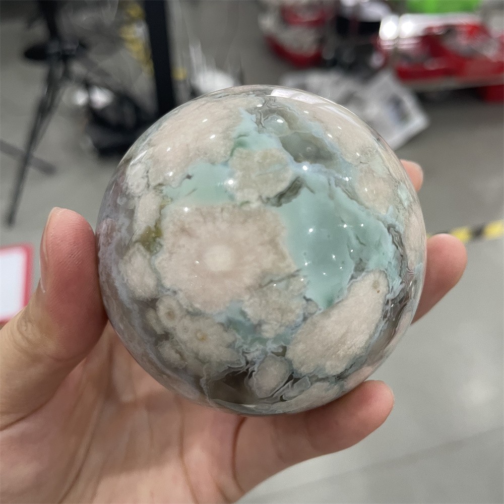 0.8LB 2.3″Hot Sale A+Natural Green Flower Agate Sphere Crystal Reiki Ball Decor