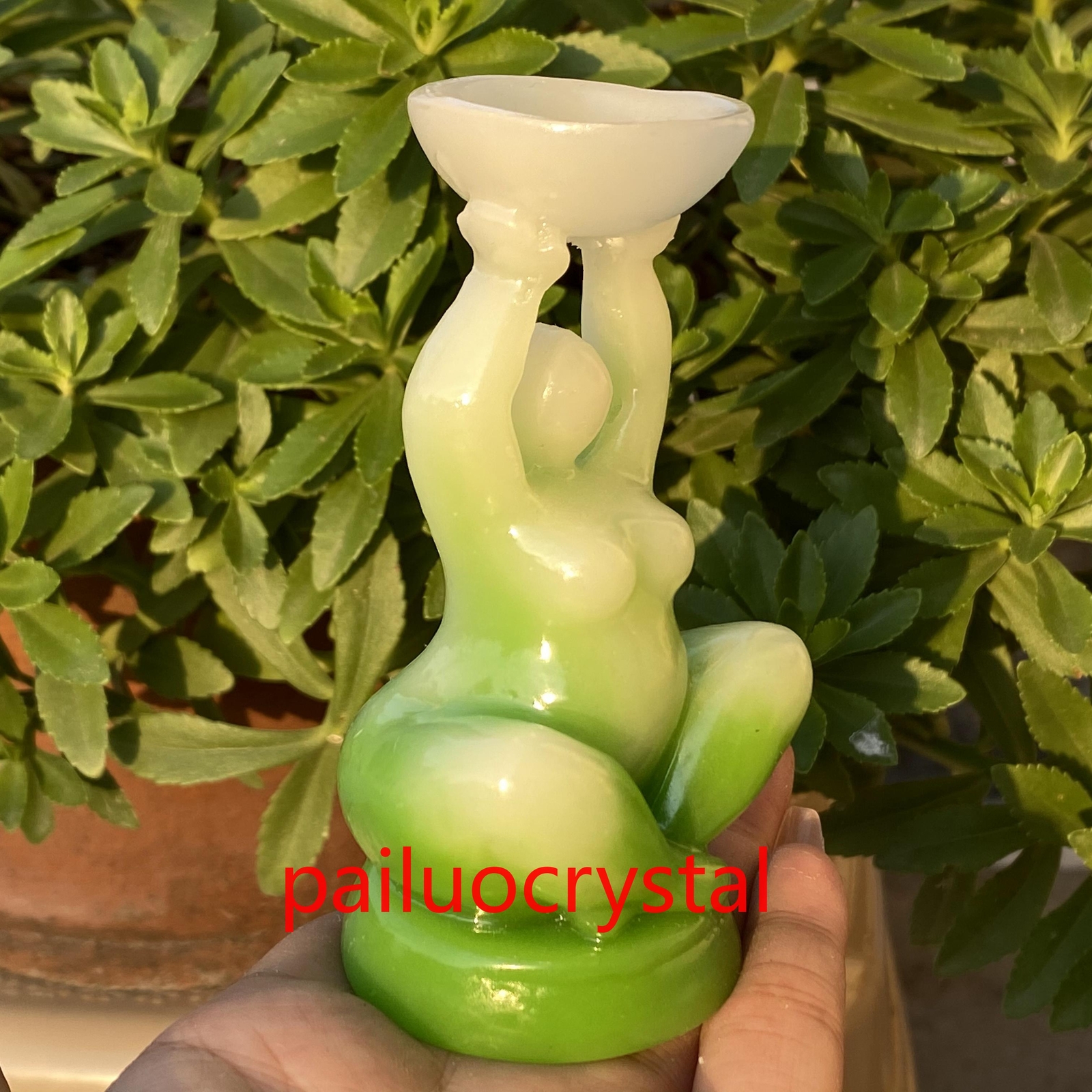 4″ Green Luminous Stone +resin Women Quartz Crystal Skull Goddess Base 1pc