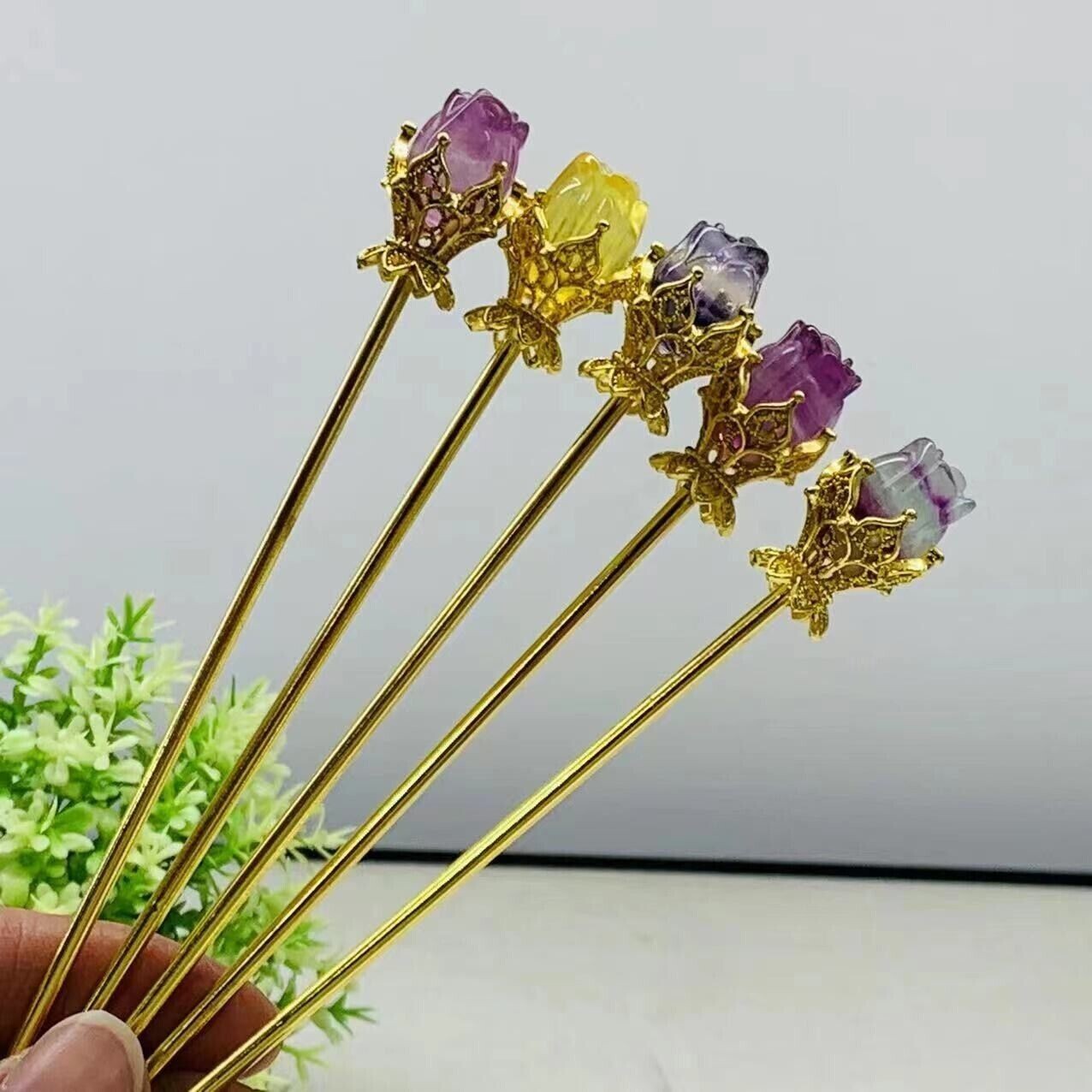 5PC Natural Mix fluorite quartz crystal rose flowers carved reiki healing random