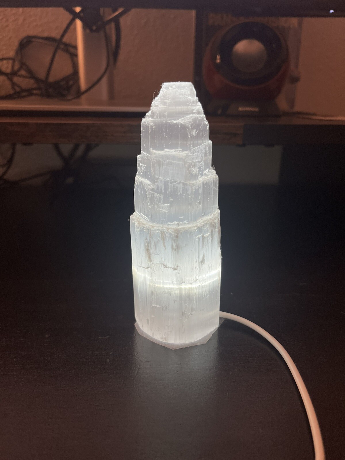 Natural Selenite Tower Healing Crystal Energy Lamp – LED and on/off switch incl.