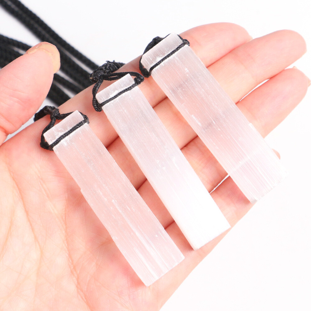 Selenite Stick Pendant On Black Cord Natural Selenite Protection Stone Necklace