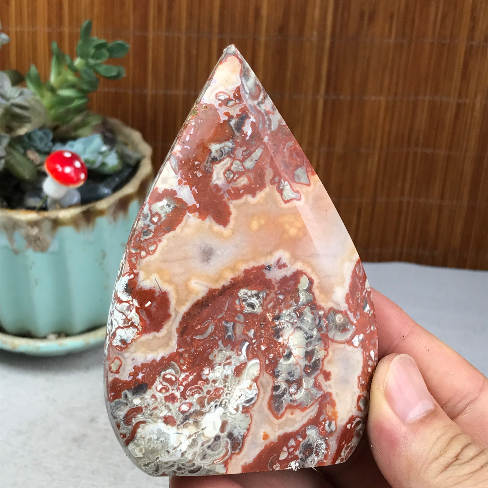 Natural money Mexico agate hand carve leaf Crystal Specimen free standing A6263