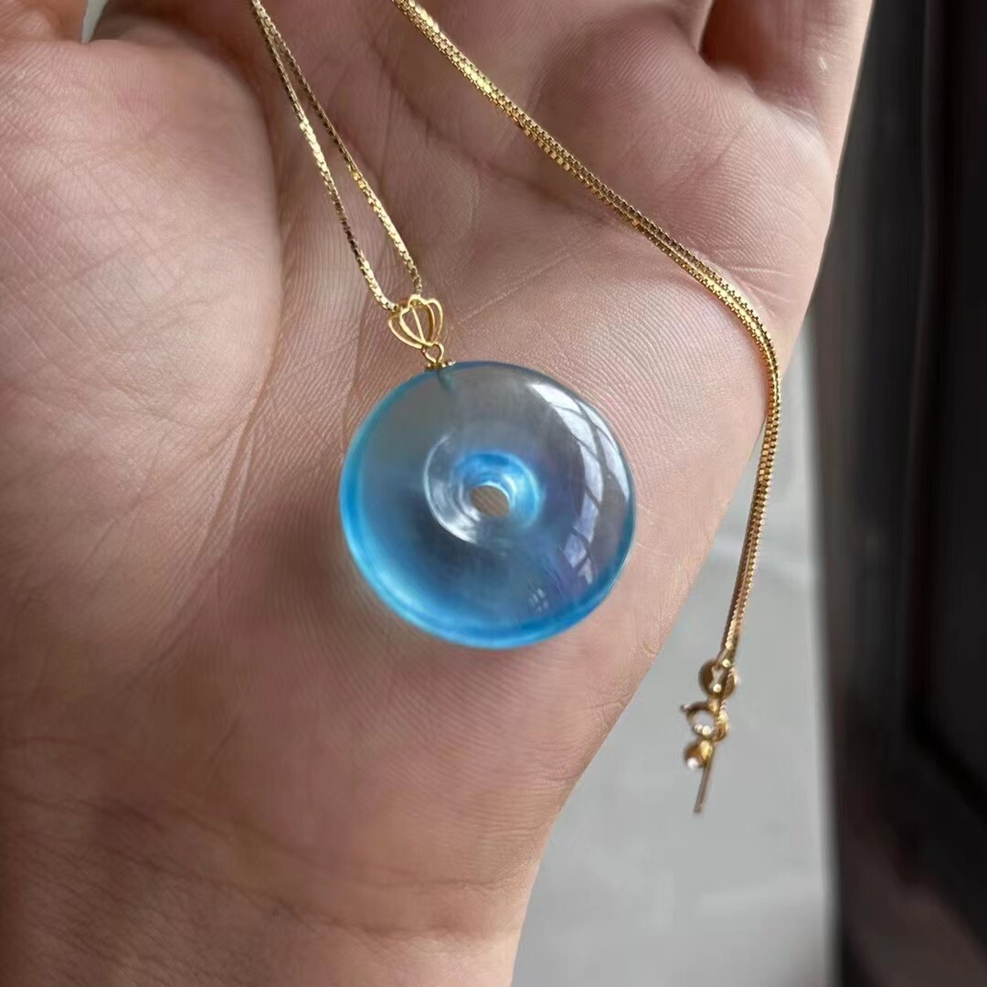 Genuine Natural Blue Aquamarine Gemstone Clear Donut Shape 18K Pendant 23x7mm
