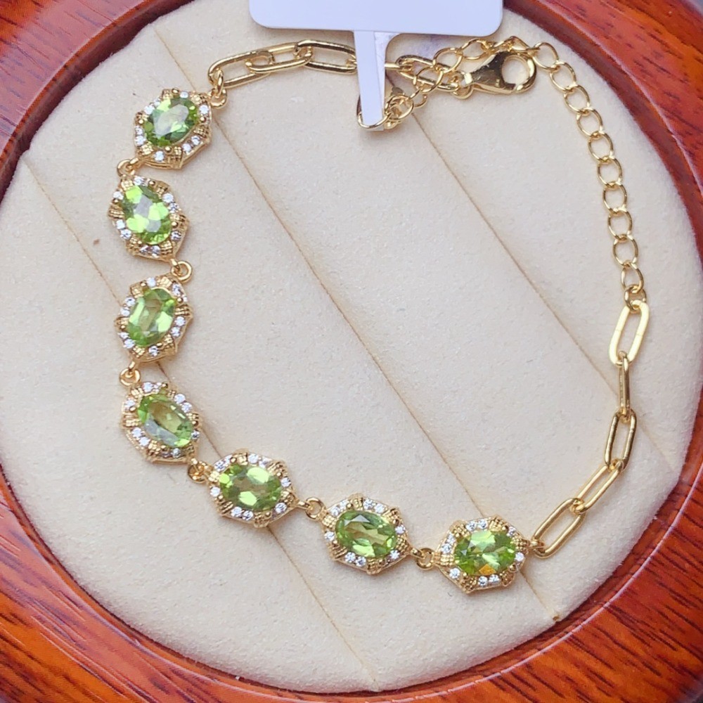 Natural Peridot oval bracelet Gemstone S925 Silver Plated 18K Gold Jewelry Gift