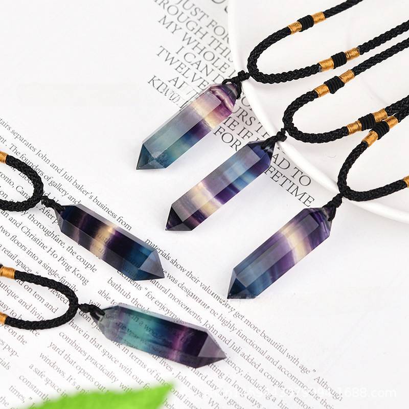 Natural Rainbow Fluorite Quartz Crystal Pendant Reiki Healing Gemstone Necklace