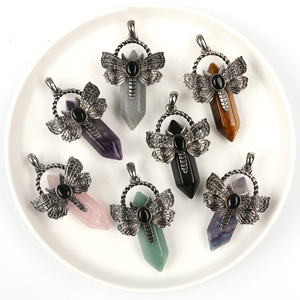 1pc Chakra Crystal Moth Dragonfly Pendants Obsidian Bead Gemstone Point Wand DIY