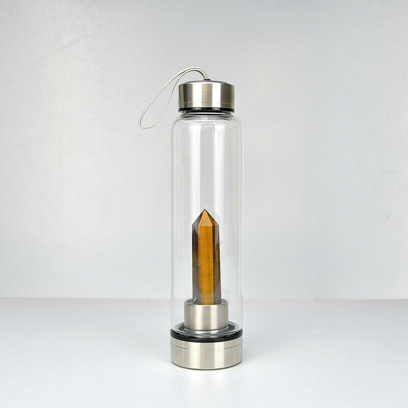Natural Tiger’s Eye Quartz Crystal Elixir Water Bottle Cup Rock Stone Wand Reiki