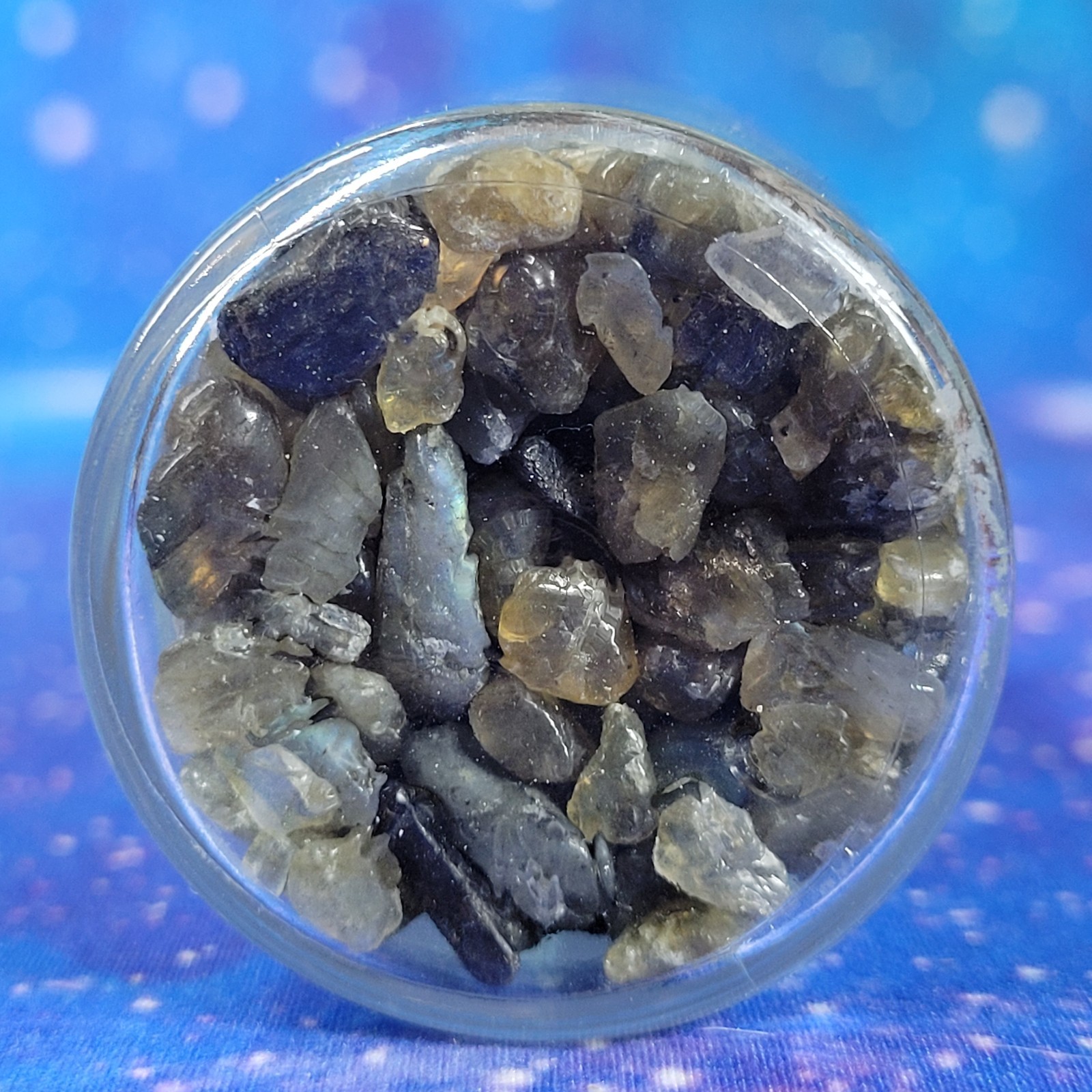 4 oz Labradorite Crystal Tumbled Chips in Vintage Glass Apothecary Jar Witchy