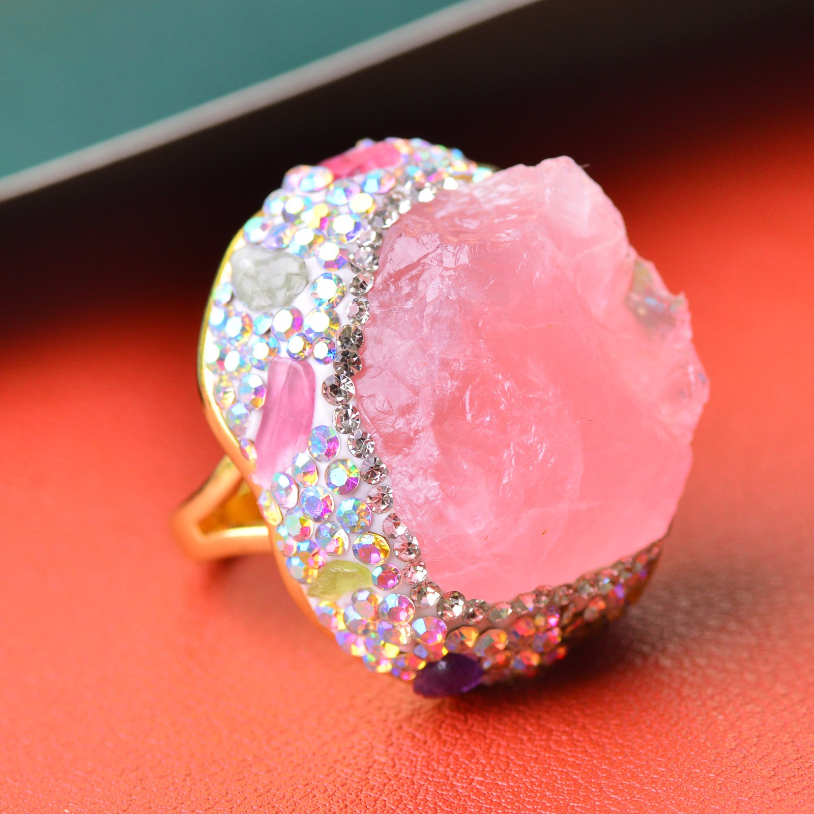 pink quartz ring, alloy inlaid with handmade gemstone jewelry Love Stone