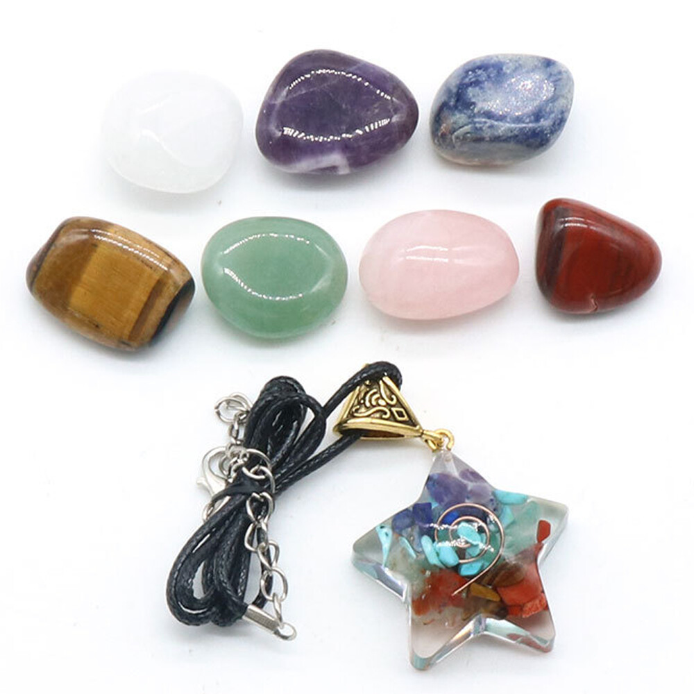 Natural 7 Chakra Healing Crystal Tumbled Stone Set Moon Star Pendant W/ Gift Box
