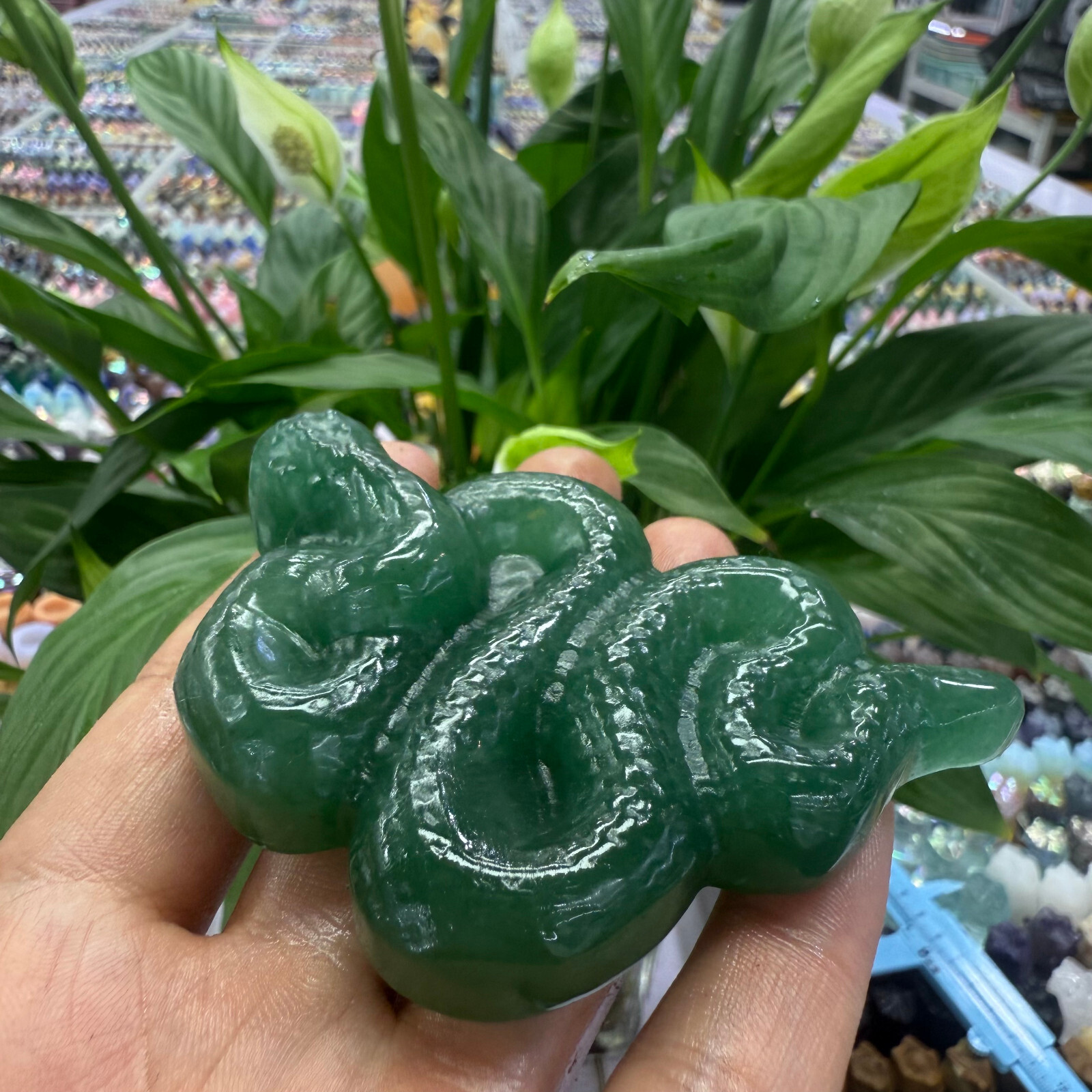 3.3″ natural Green East Mausoleum snake Carved Reiki Crystal Skull Decor Gift
