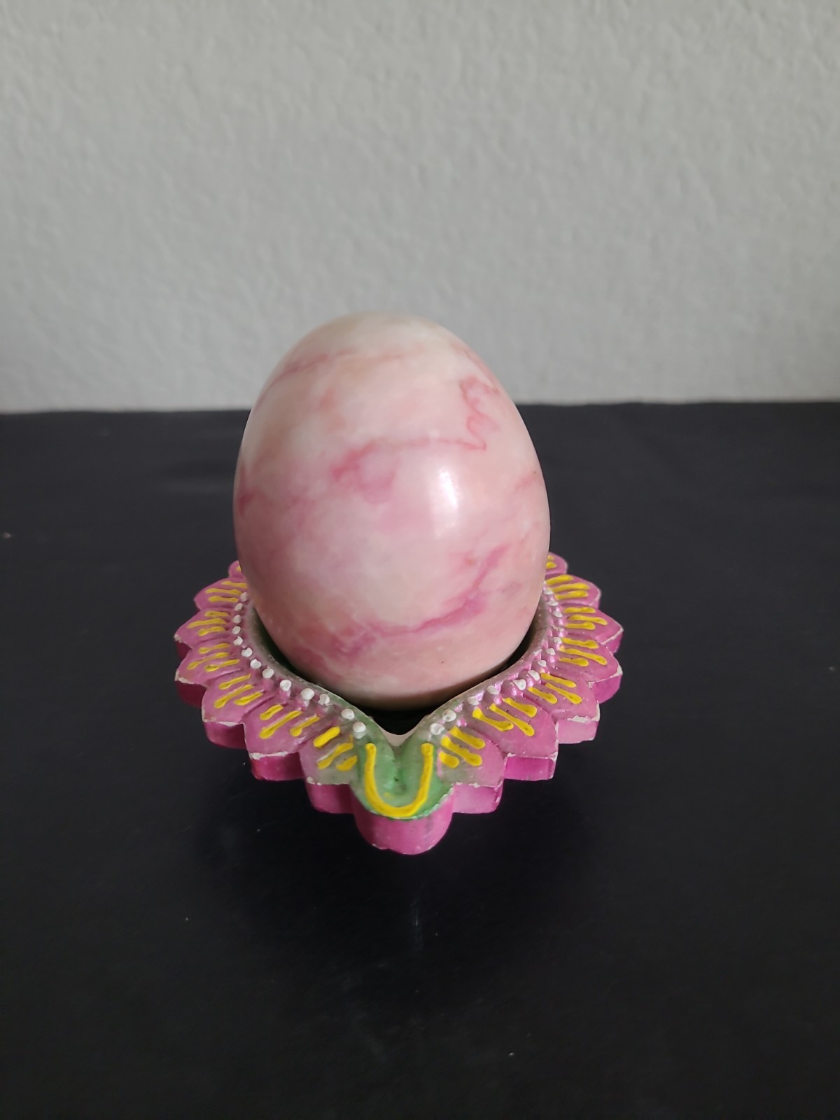 Vintage Polished Pink Stoned Quartz Egg & Ceramic Stand