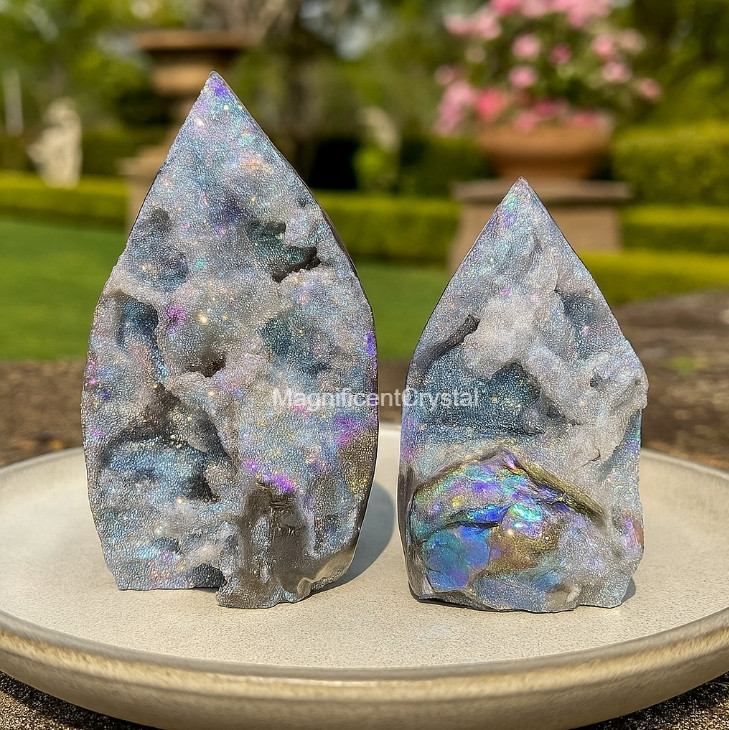 2pcs Angel Aura Sphalerite Druzy Tower Hollow Out Crystal Geode Cluster Decor