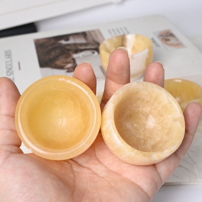 NEW! 2pc 50Mm Natural Yellow Calcite Water Bowl Polished Crystal Decor Girl Gift