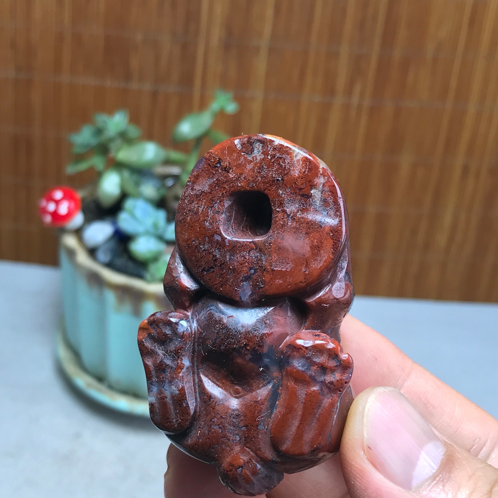Natural bloodstone carve Rabbit & Copper Coin Figurine, Feng Shui Wealth Luck 82