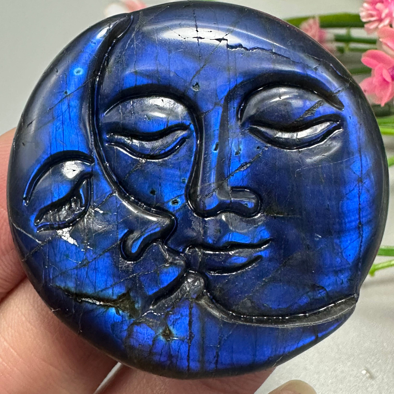 Natural Labradorite Sun Moon Face Quartz Skull Crystal Specimen Reiki Healing