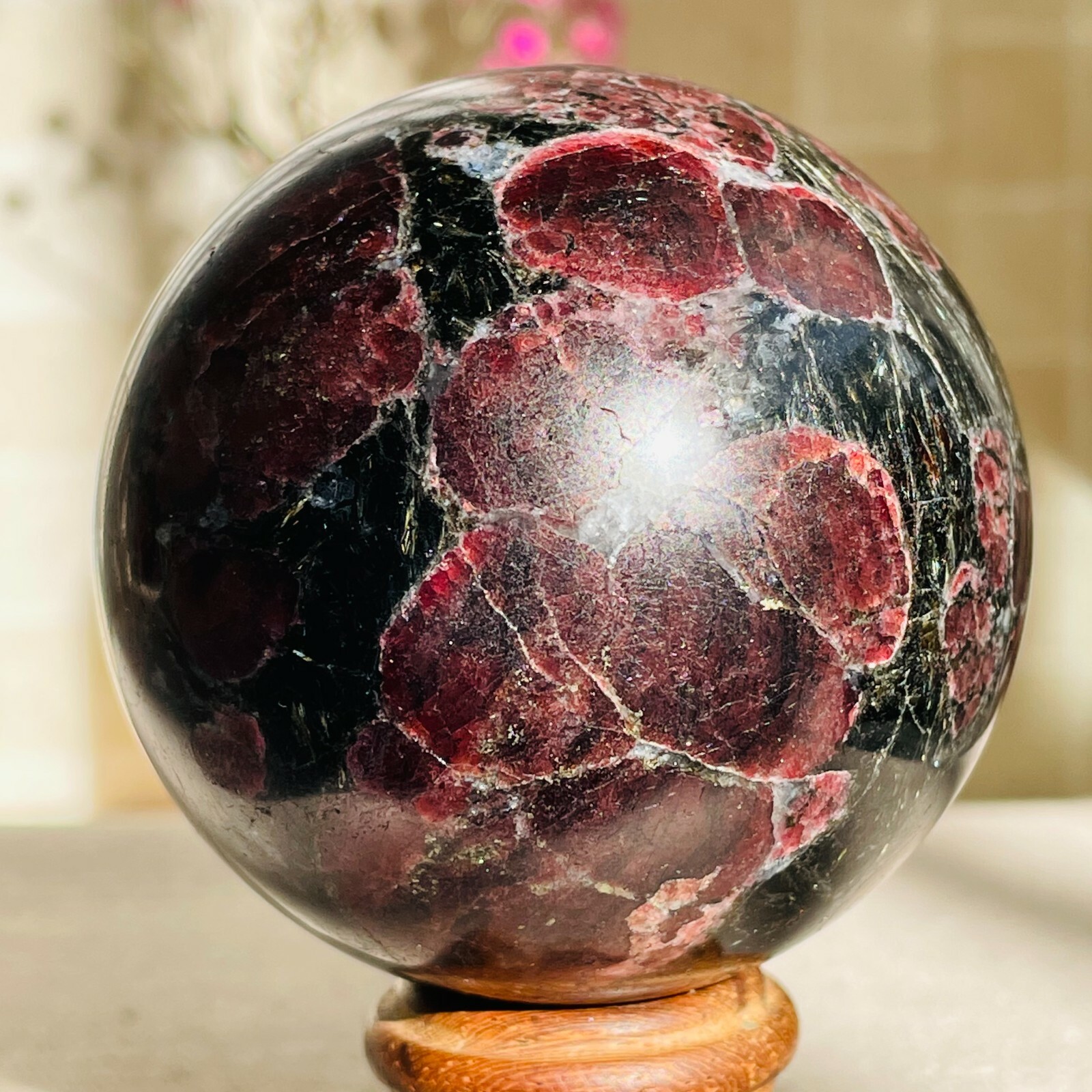 350-400g New Garnet Astrophyllite Fireworks Stone Quartz Crystal Sphere Ball