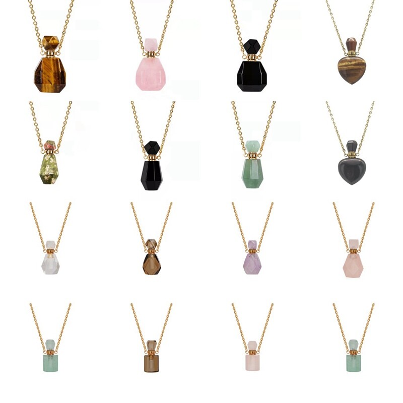 Natural Quartz Gemstone Perfume Bottles Pendant Chakra Healing Crystal Necklace