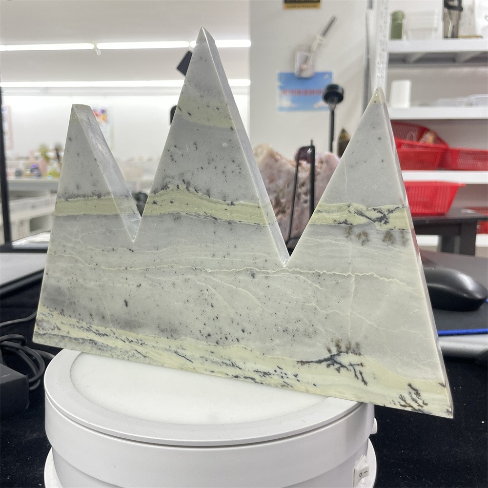 2.9LB 9.6″ Natural Dendritic Jade Triangle Mountain Decor Crystal Quartz Energy