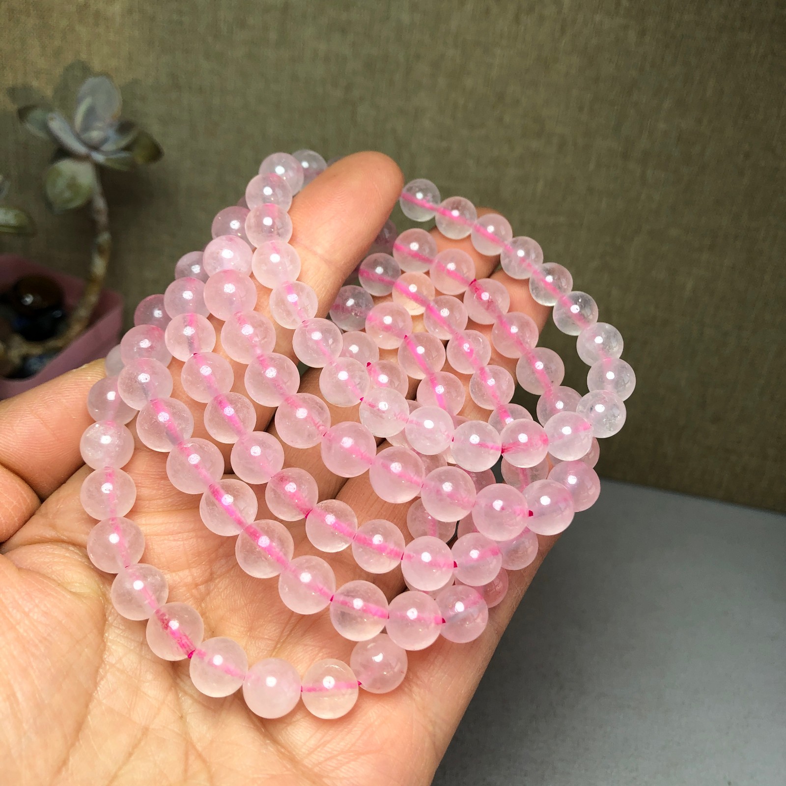 5pcs wholesale Natural pink Crystal rose Quartz chain beads bracelet 8mm A2782