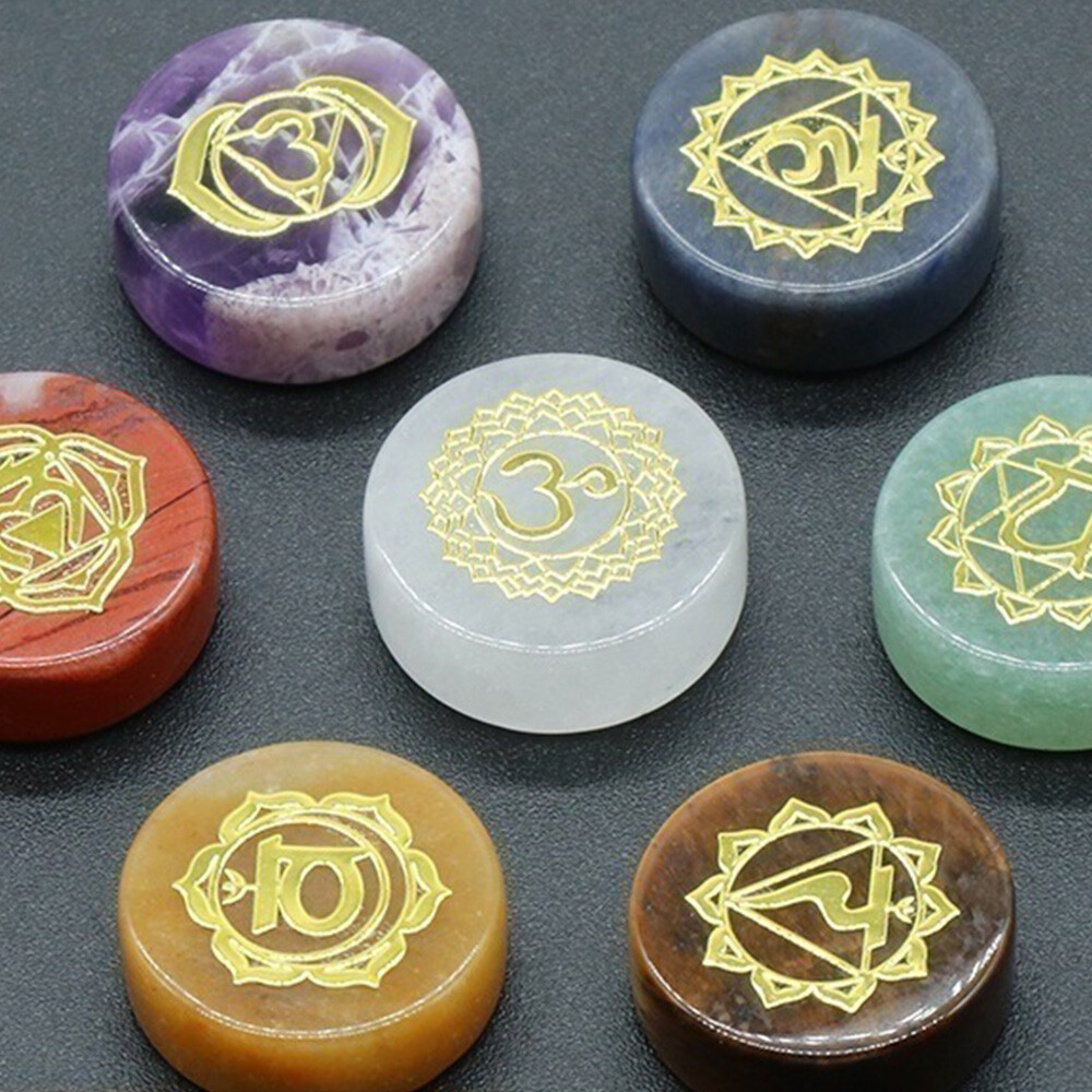 7x Natural Round Palm Stones Reiki Healing Crystal Engraved Chakra Yoga Symbols
