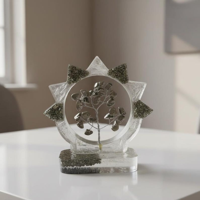 Pyrite Gemstone Tree Home Decor, Resin Circle Window with Pyrite Chip Bonsai