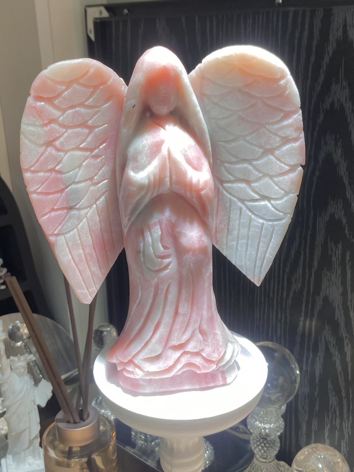 1pc Natural Pink Opal Angel skull Hand Carved Quartz Crystal reiki healing Decor
