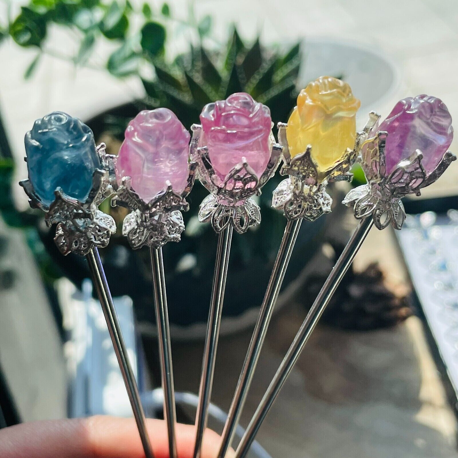 5pc Natural fluorite carved rose hairpin quartz crystal reiki healing random