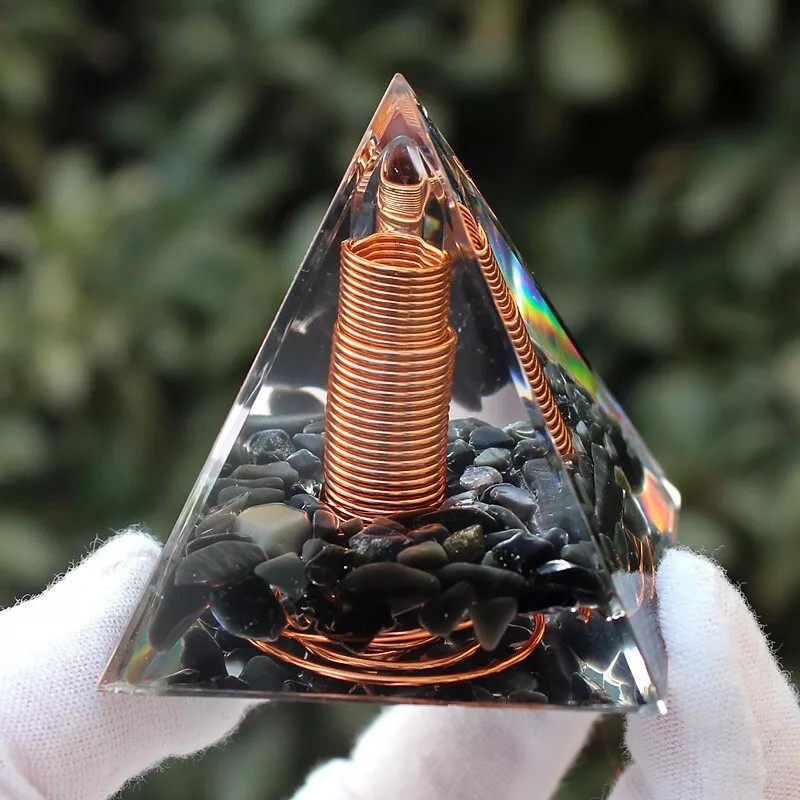 Spiral Copper Orgonite Pyramid Obsidian Orgone Healing Crystal Energy Meditation
