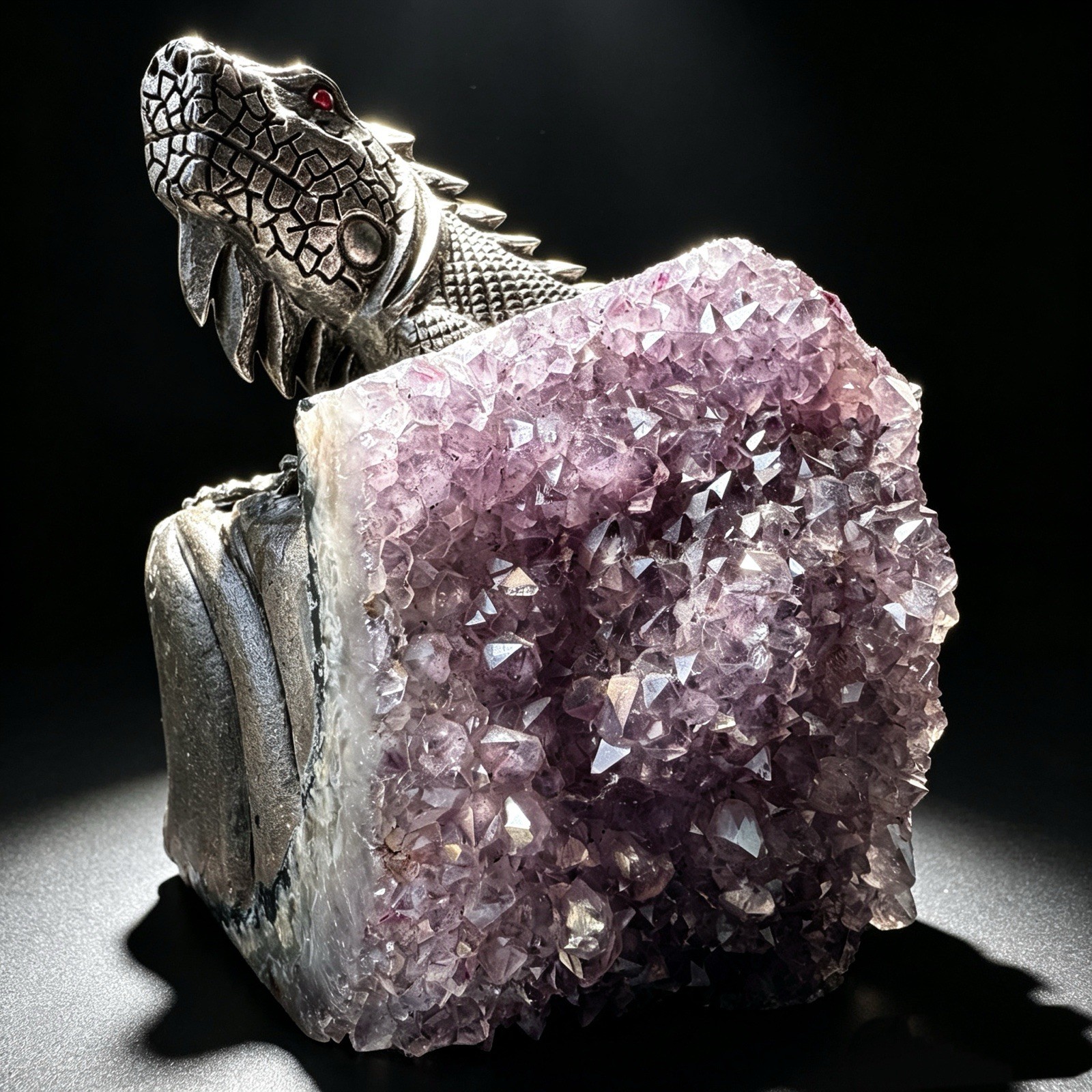 Hand Carved Amethyst Cluster Lizard Figurine Natural Crystal Reptile Sculpture
