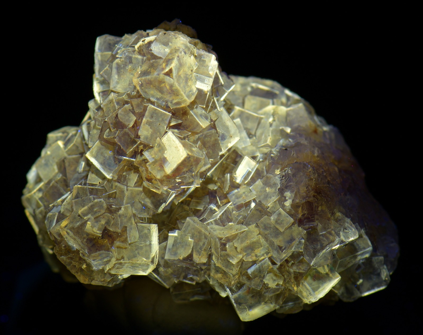 Transparent yellow Fluorite crystals, UV. Moscona Mine, Spain. 44 grams.