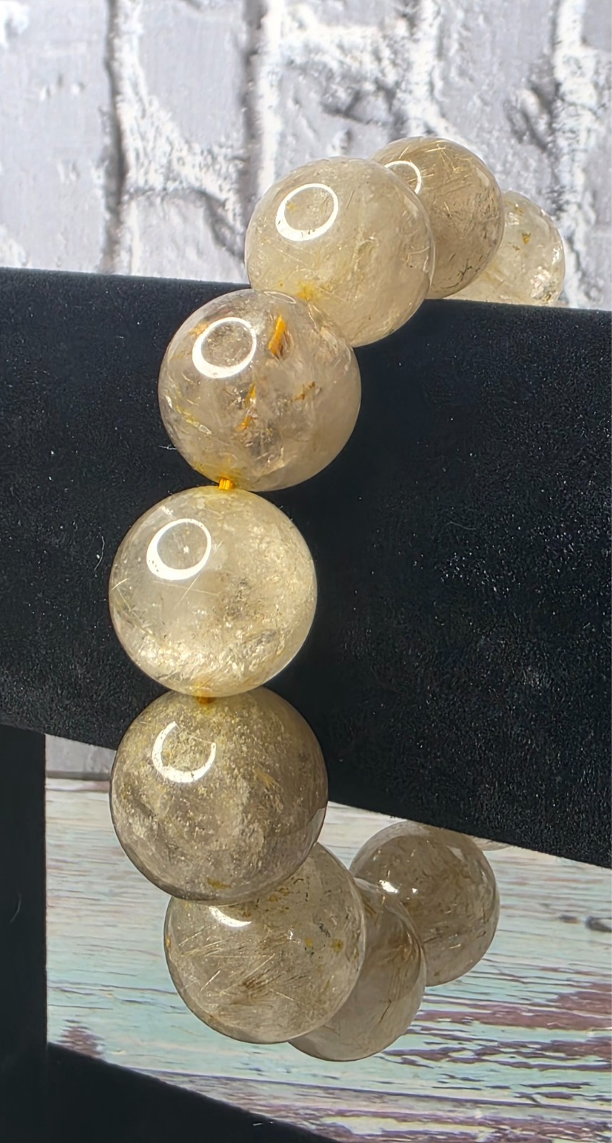 Natural Golden Rutile Quartz Bracelet 17mm Round Beads Stretch Crystal 104g