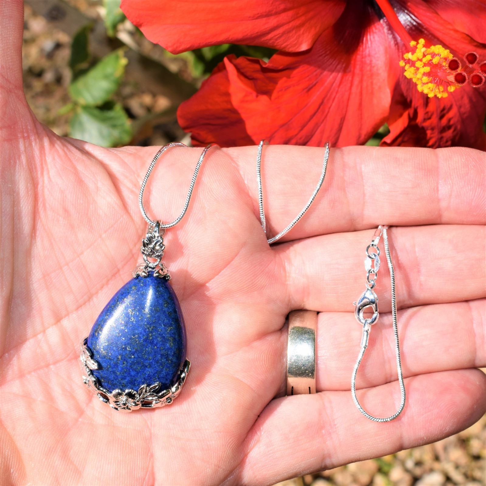 Lapis Lazuli Teardrop Pendant + 20″ Stainless Steel Chain + Baby Selenite Heart