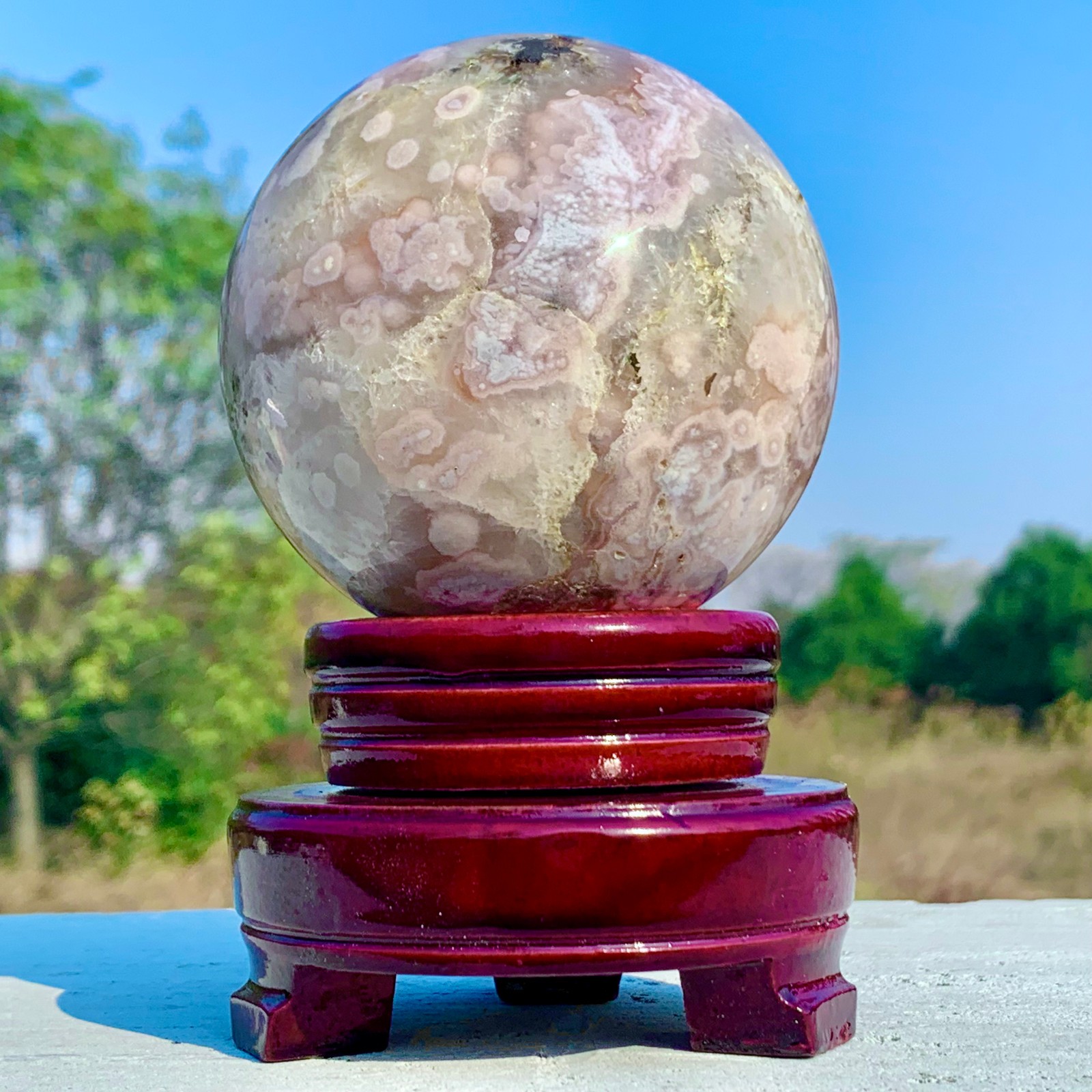 1.92LB Natural Pink Cherry Blossom Agate Geode Quartz Sphere Crystal Energy Ball