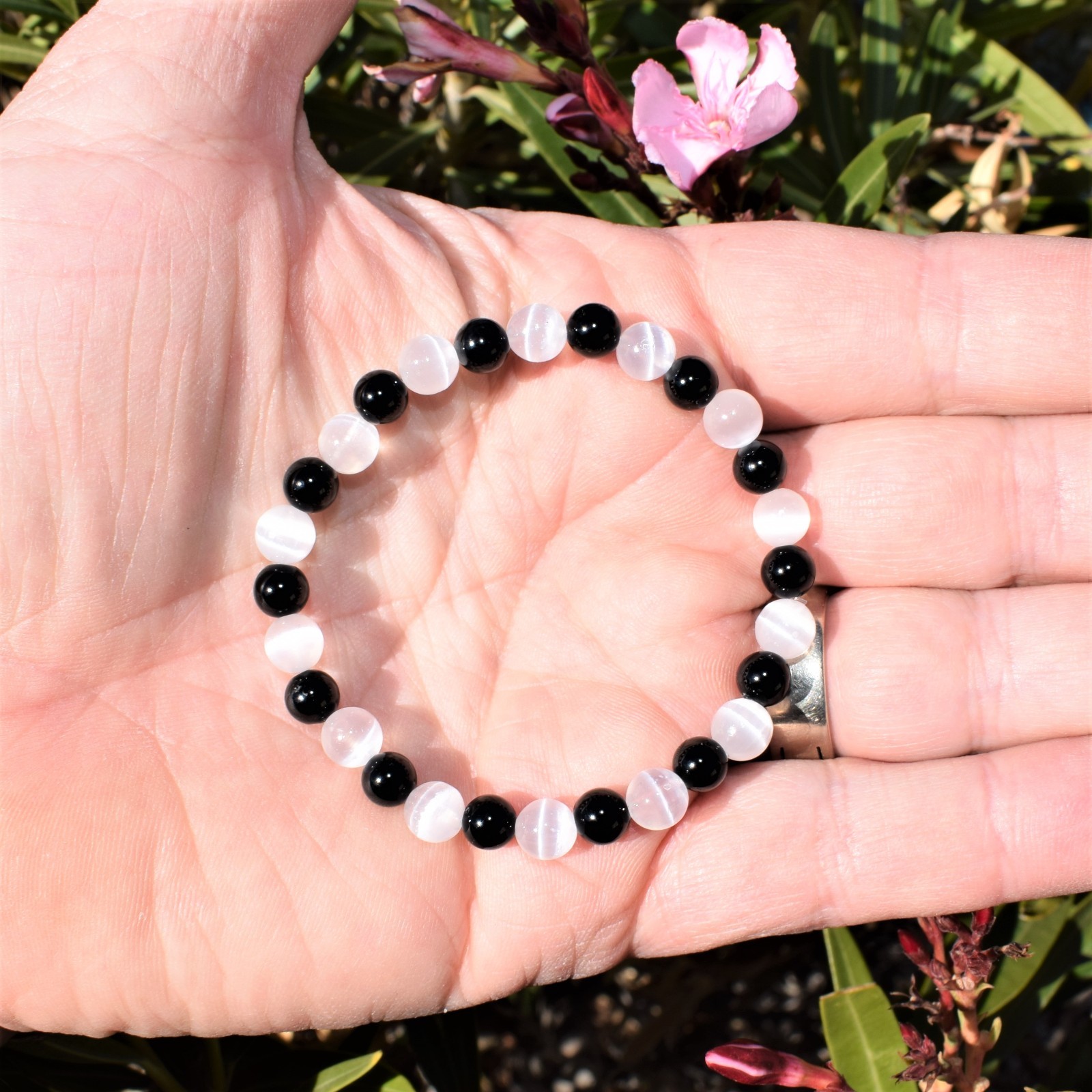 CHARGED Natural Selenite & Black Tourmaline 8mm Bracelet 50/50 + Selenite Heart