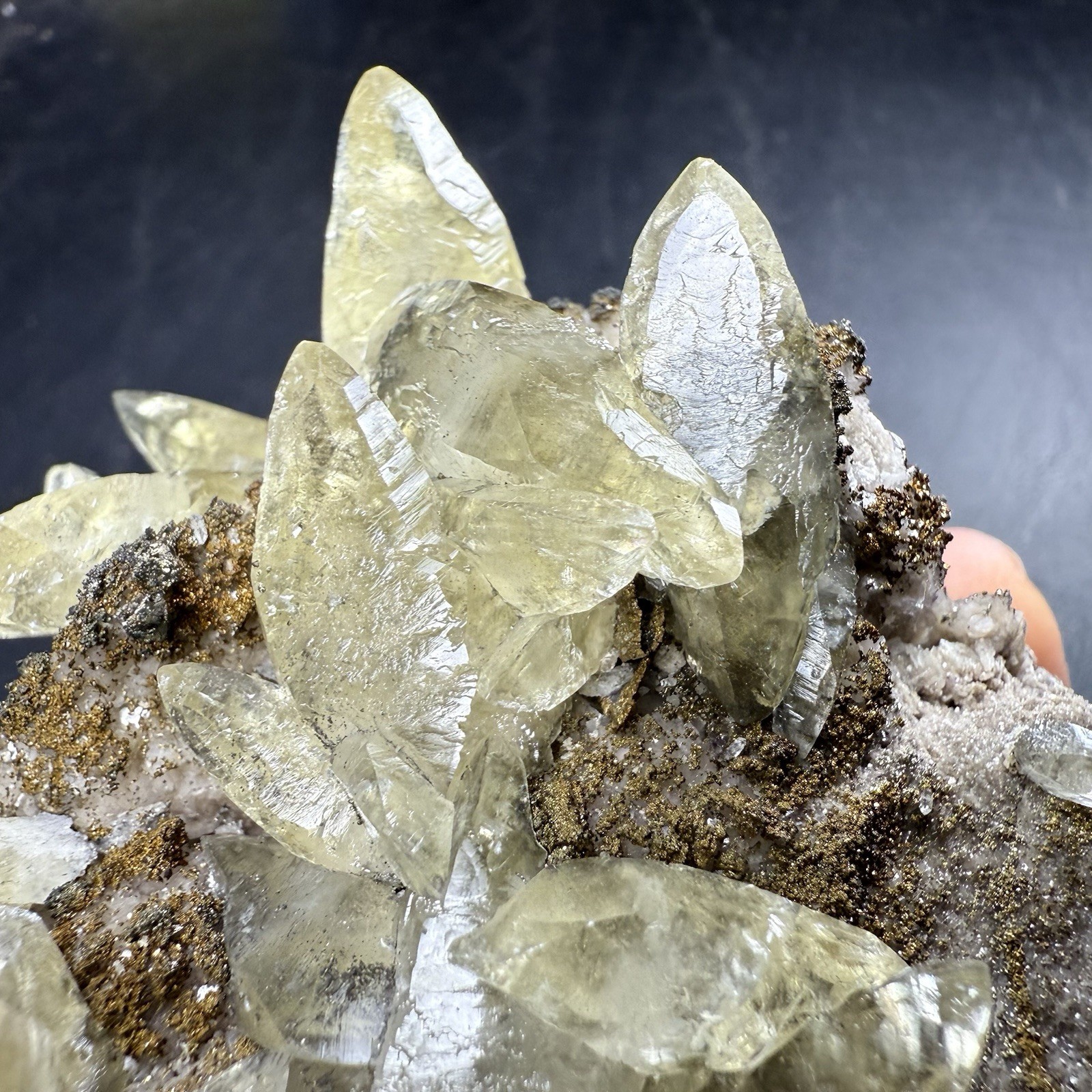 Golden Calcite Crystals on Chalcopyrite Pyrite Matrix / Missouri