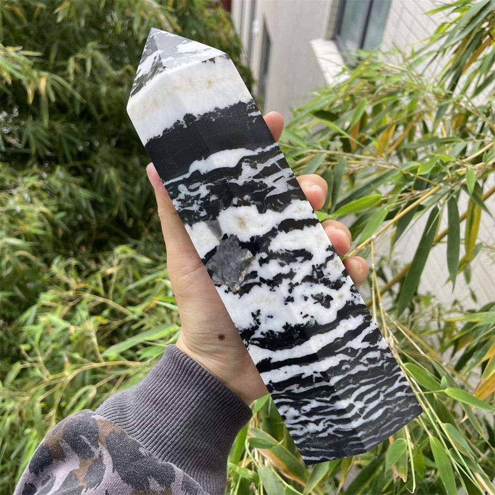 4.7LB 9.2″ Black And White Zebra Jasper Obelisk Quartz Crystal Tower Point Heal