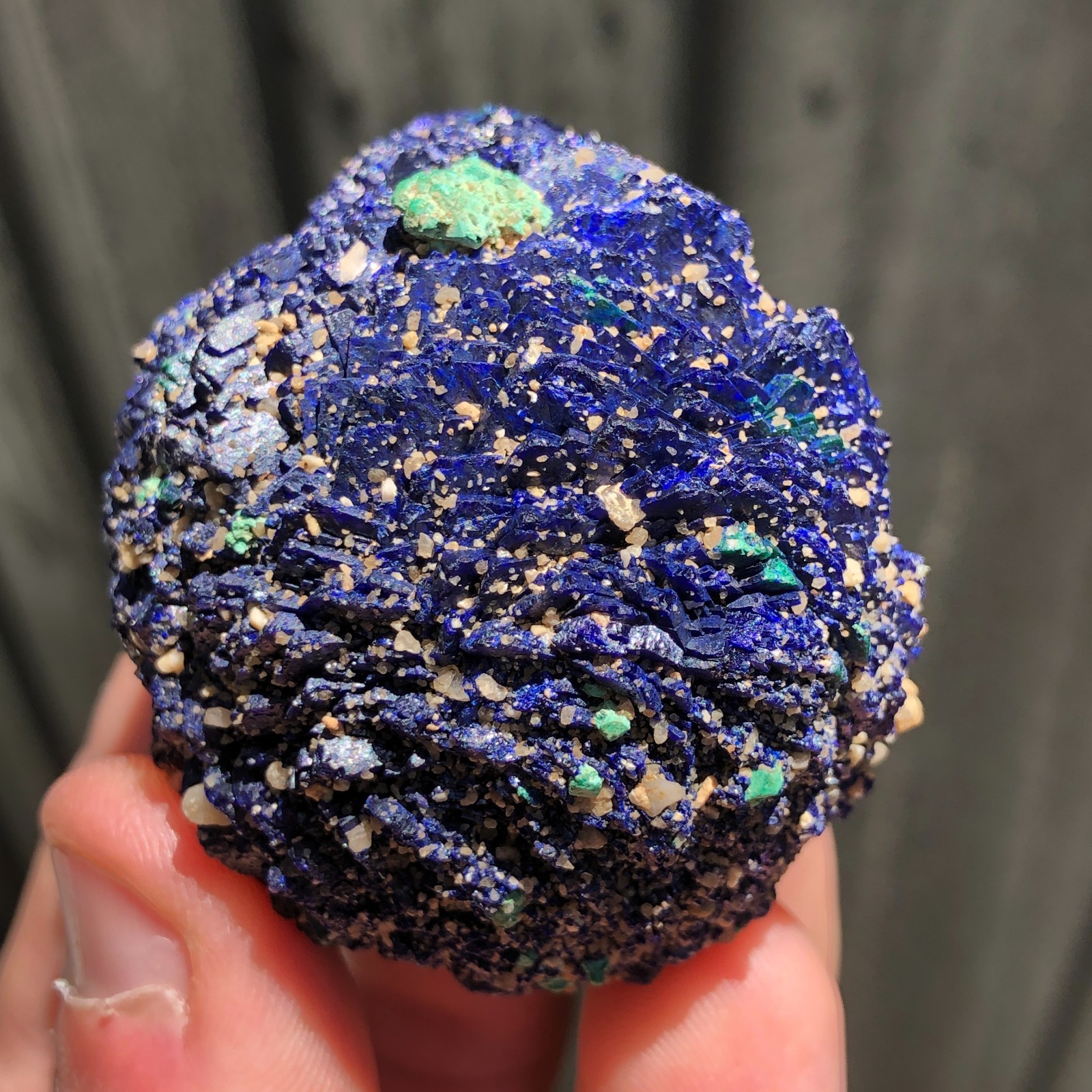 5.1cm Azurite Ball w/ Malachite pseudomorph Cuprite Crystals from Chessy, France