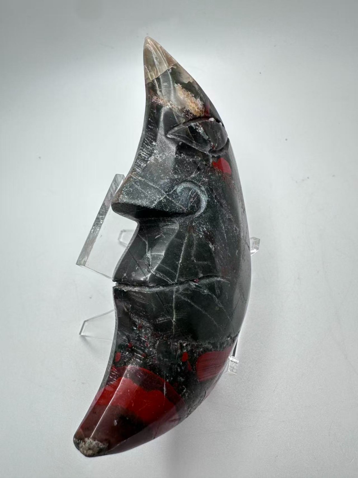 Large Natural Bloodstone Heliotrope Crystal Moon Face Carving 5″x2.75″ polished