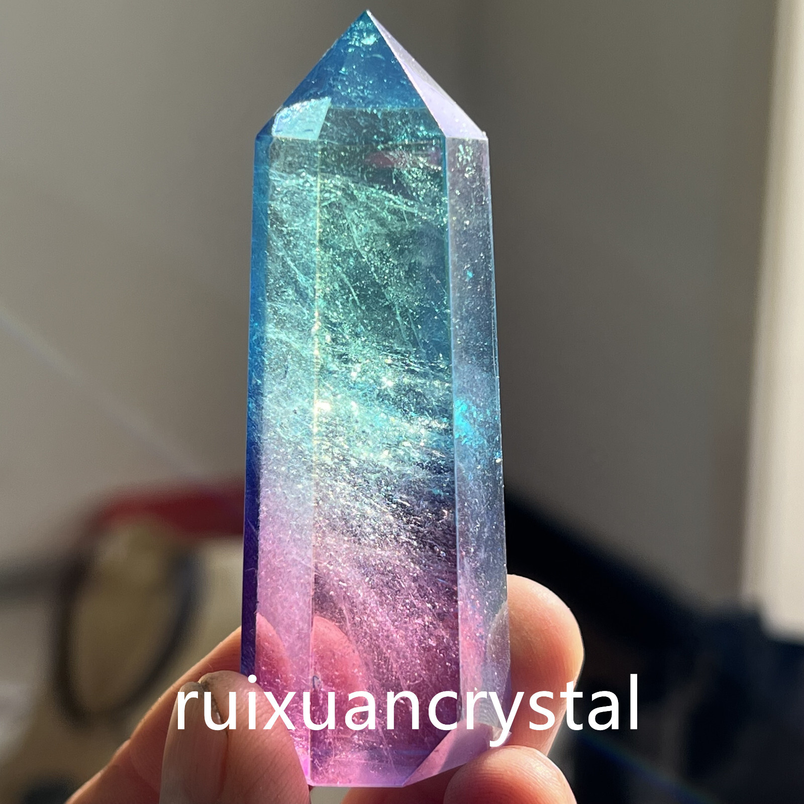 1pc Natural Titanium Rainbow Quartz Obelisk Wand Crystal Tower Point Healing