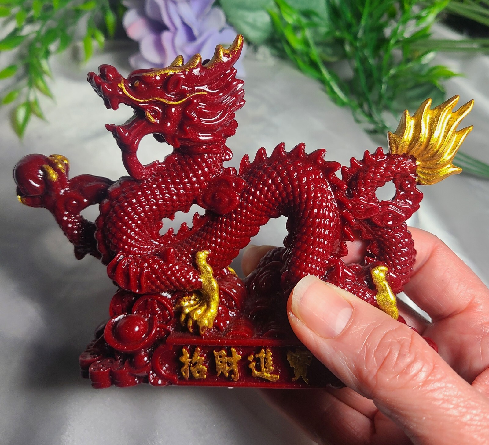 5.7″ Full Body Cinnabar Chinese Dragon w/ Sphere Crystal Stone Carving Statue