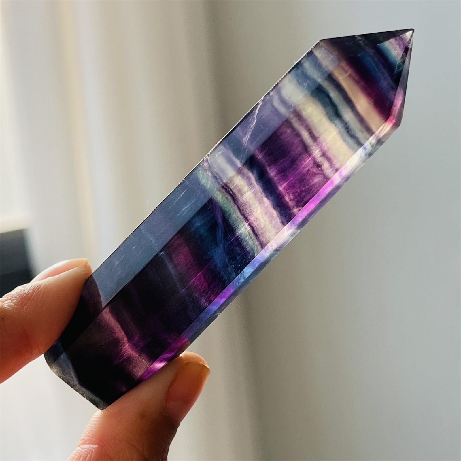 80g+ Natural Rainbow fluorite obelisk gem quartz crystal wand point healing 1pc