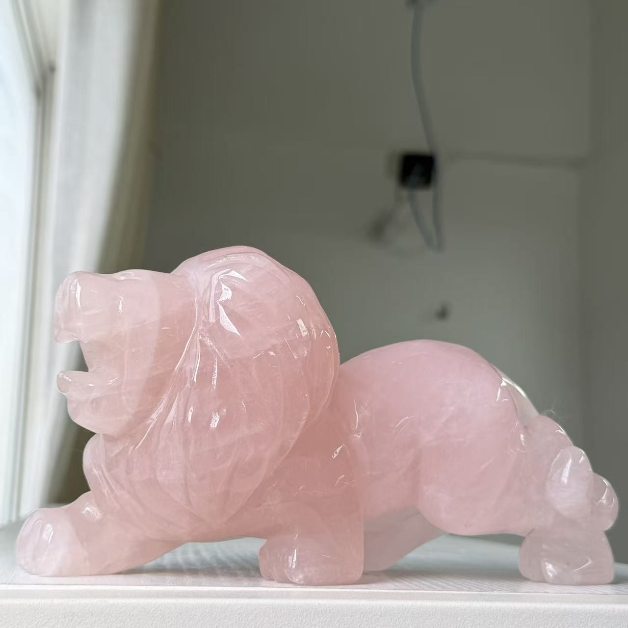 3.74LB Large Natural Rose Quartz Lion Statue Crystal Carving Home Decor FengShui