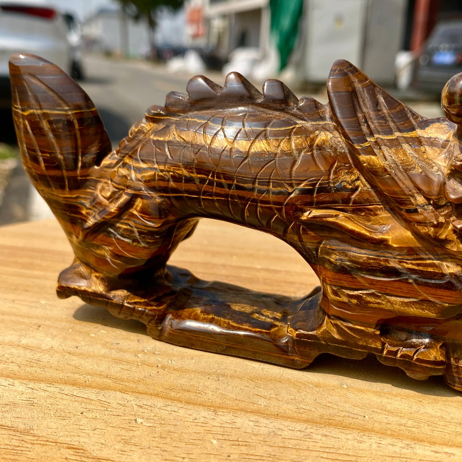 495G Natural Tiger Eye Hand Carved Dragon Figurine Crystal Healing Stone