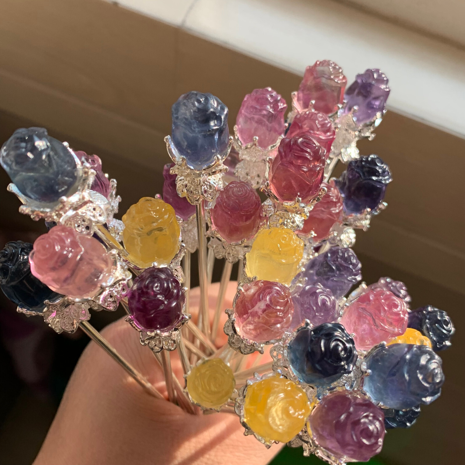 5pc Natural fluorite carved rose hairpin quartz crystal reiki healing random